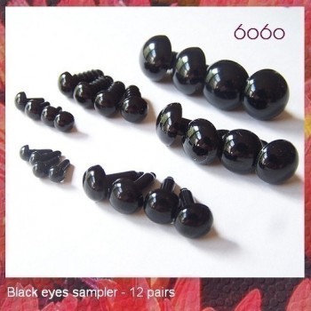 12 Pair 6-Size Black Plastic Eye Sampler, Safety eyes, animal eyes, samplers